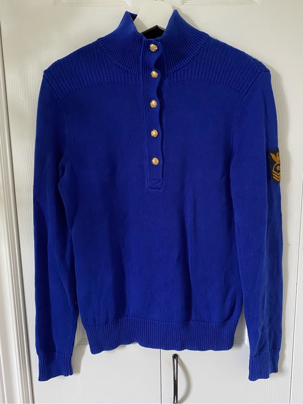 Ralph Lauren Jeans Co Vintage Royal Blue Military Sweater Crest Buttons Size Med